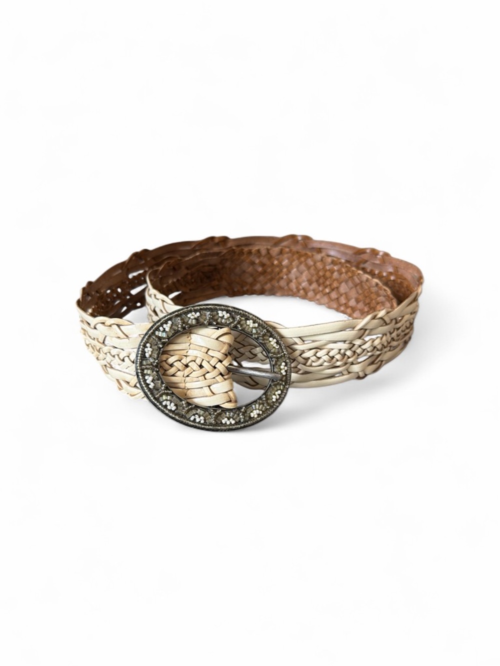 Beaded Buckle Woven Belt in Cream Leather